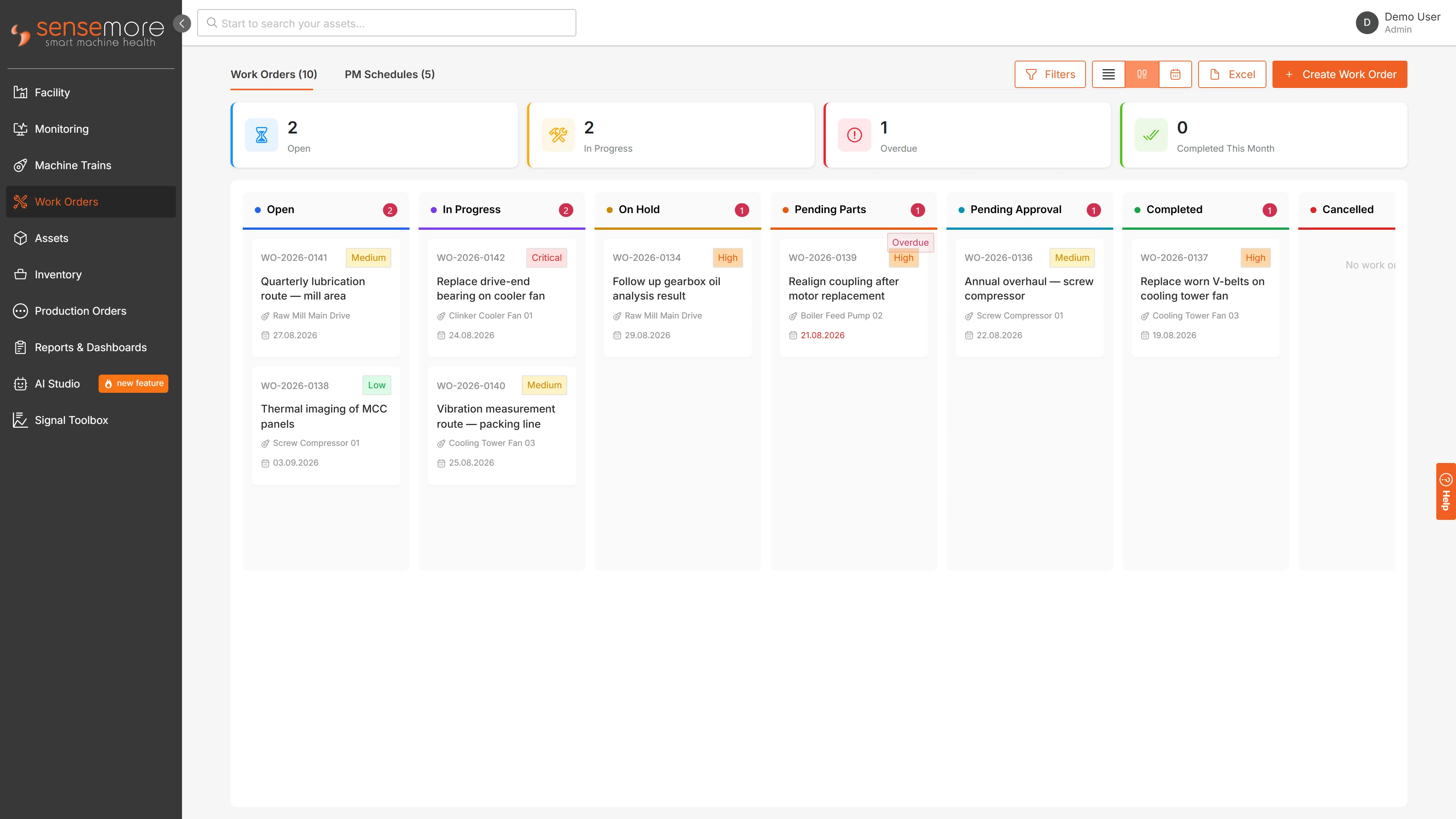 Das Kanban-Board der Arbeitsaufträge, mit Spalten für offen, in Arbeit, angehalten, wartet auf Teile, wartet auf Freigabe und abgeschlossen