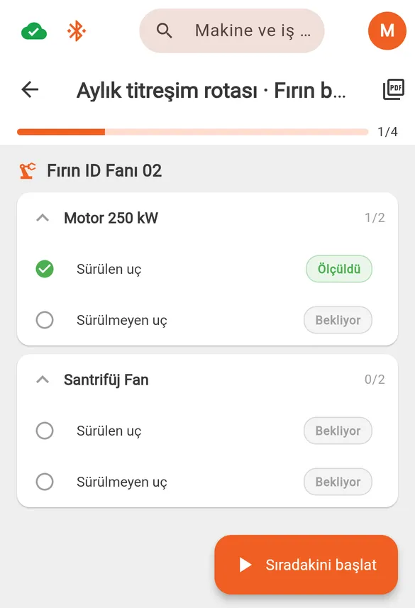 Sensemore On Field'da rota ekranı: motorun ve fanın noktaları, biri ölçülmüş diğerleri beklemede, altta Sıradakini Başlat düğmesi