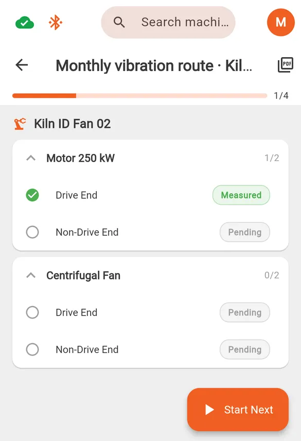 Der Routenbildschirm in Sensemore On Field mit den Stellen von Motor und Ventilator, eine gemessen, die übrigen offen, und einer Schaltfläche für die nächste Stelle