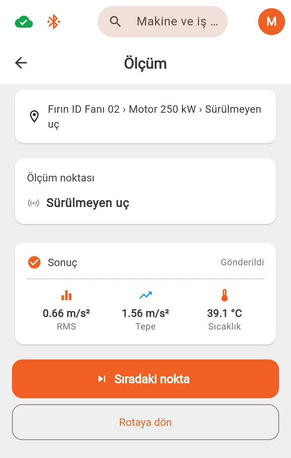 On Field'da bir ölçümün sonucu: motorun tahrik karşıtı yatağı için RMS, tepe ve sıcaklık, yüklendi işaretiyle ve Sonraki Nokta düğmesiyle